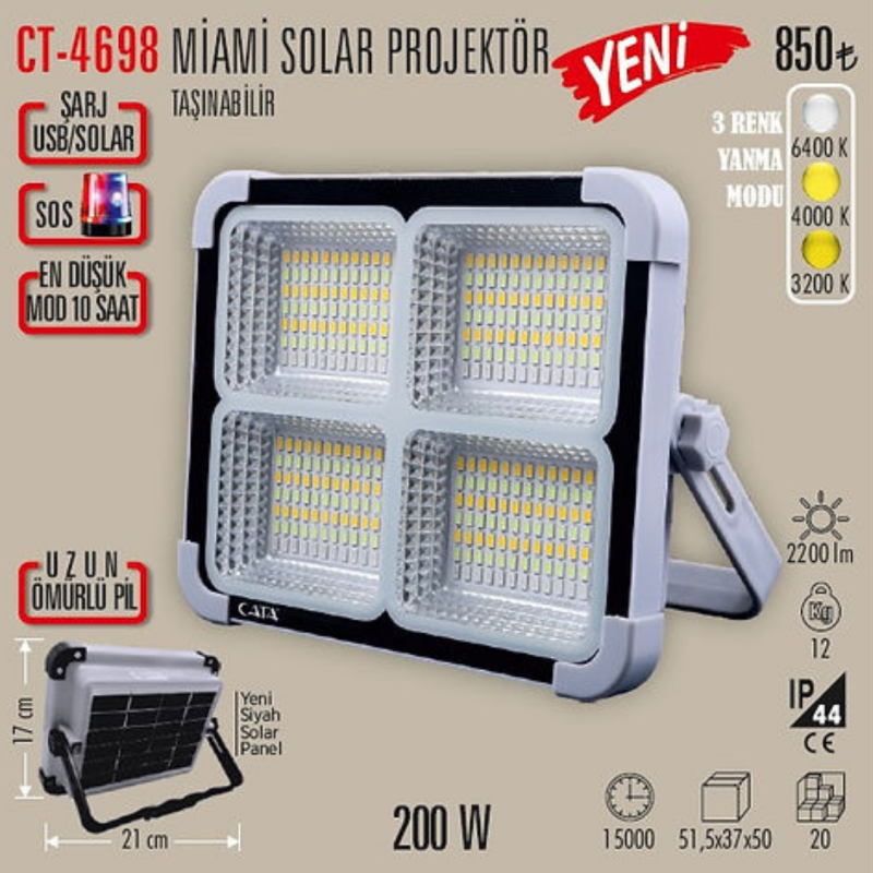 Cata CT-4698 200 W Solar Led Taşınabilir Projektör